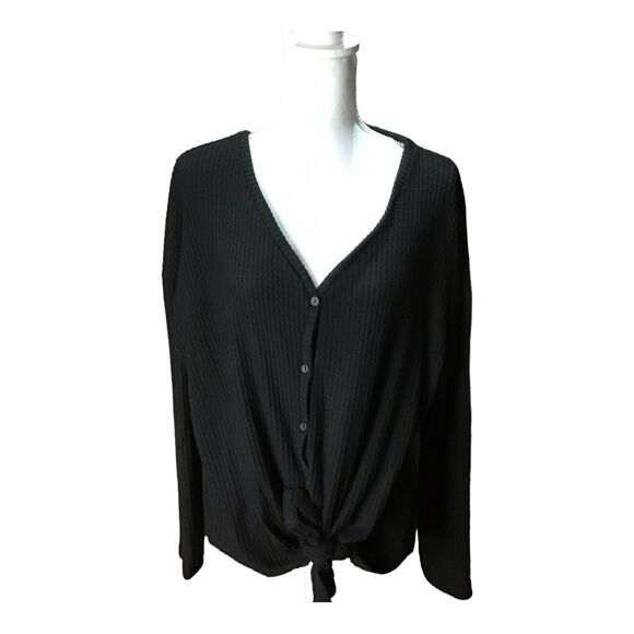 Gibson Women’s Small Black Thermal Waffle Knit V-Neck Button Tie Front Top - Picture 10 of 16
